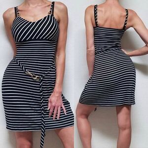 VINTAGE Cache Black Striped Hook Belted Dress